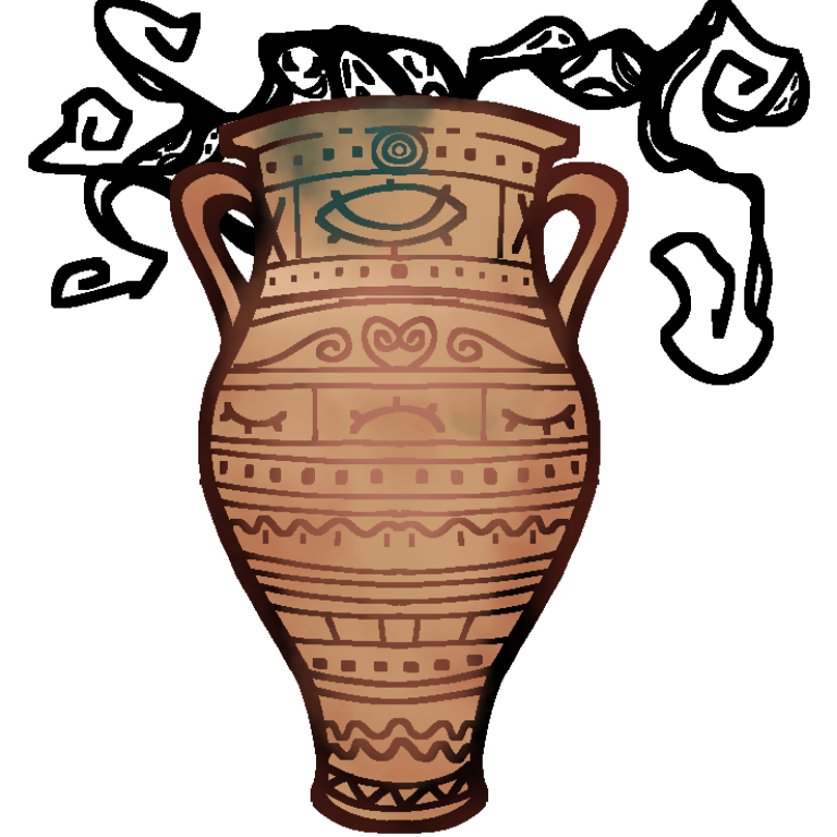 a pithos (Greek pot) from Pandora's 'box'. releasing from it are sharp black squiggles with faces inside the space 